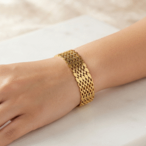Multi-Row Pierced Link Gold Stainless Steel Cuff Bracelet