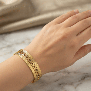 Elegant Textured Gold-Tone stainless steel Chain Cuff Bracelet