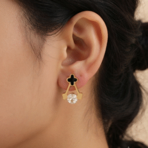 Golden Clover & Solitaire Stainless Steel Drop Stud Earrings