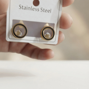 Celestial Orbit Solitaire Stainless Steel Stud Earrings with Gold Finish & Black Enamel