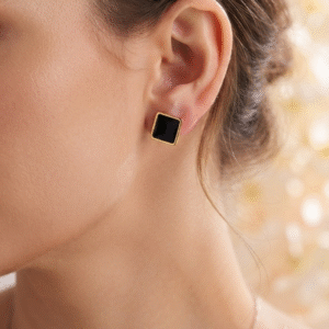 Premium Gold-Tone Stainless Steel Black Square Stud Earrings