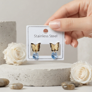 Premium Gold-Tone Stainless Steel  Crystal Butterfly Earrings
